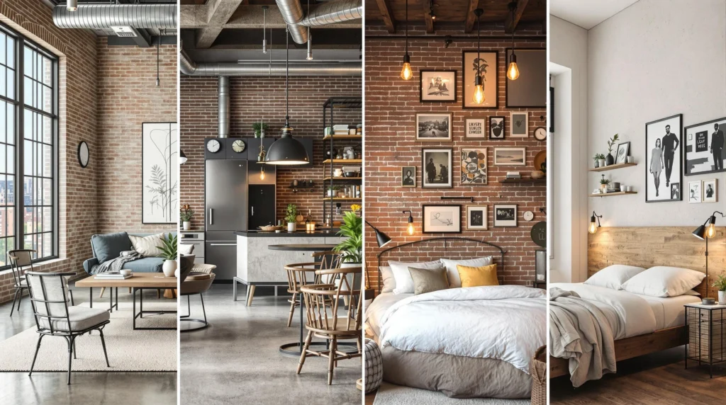 Industrial interior design with exposed brick walls, metal pendant lights, and a reclaimed wood coffee table