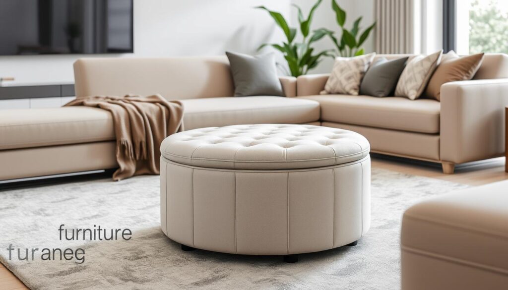 Round storage ottoman in a modern living room