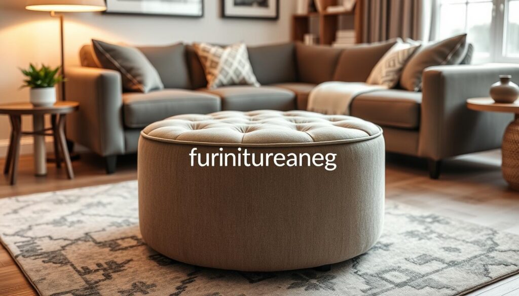 Round upholstered ottoman in living room