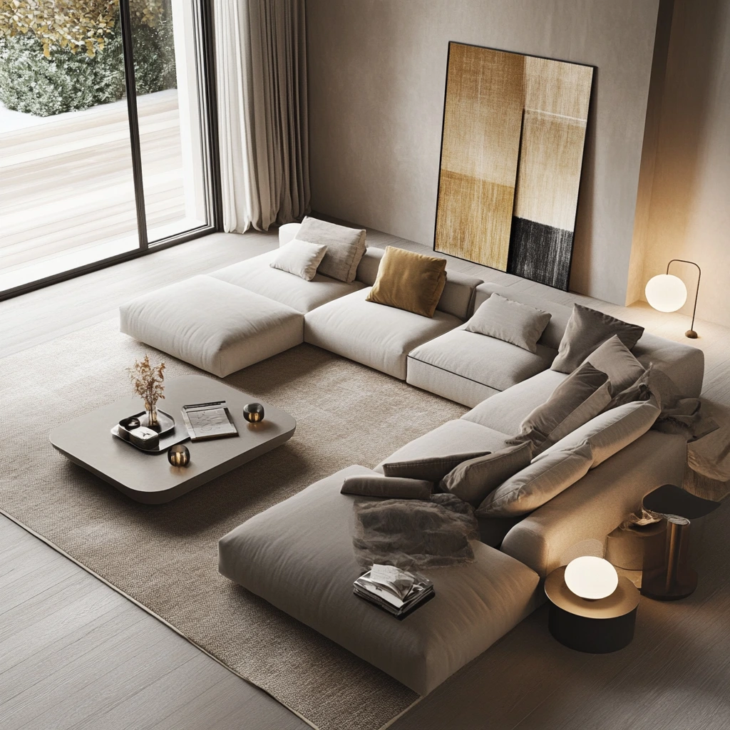 Contemporary modular sofa with customizable sections in a modern living room, featuring neutral tones, throw pillows, and a minimalist coffee table.