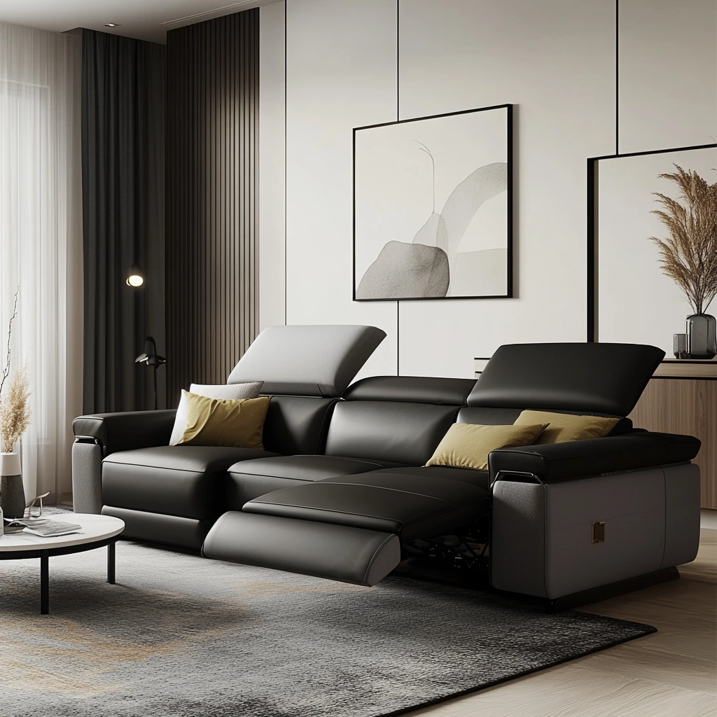 Modern black reclining sofa with adjustable headrests and USB charging ports.