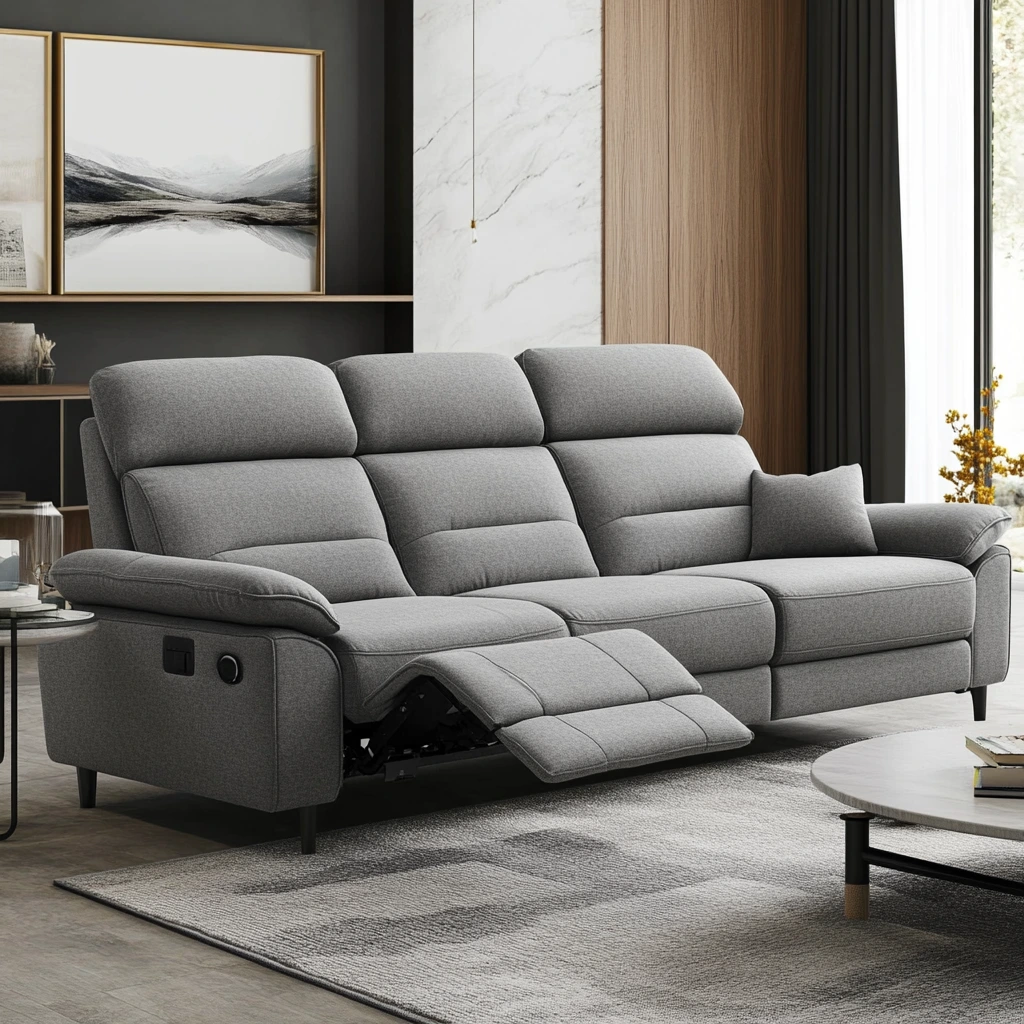 Gray fabric reclining sofa with plush cushions and cup holders in a cozy family room