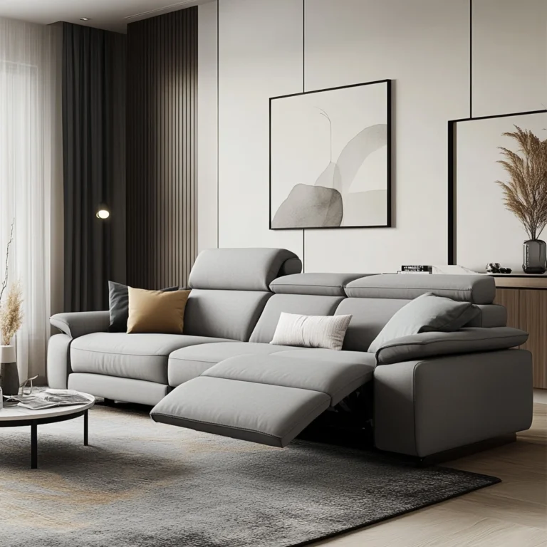 Luxurious brown leather reclining sofa with adjustable footrests and headrests in a modern living room.