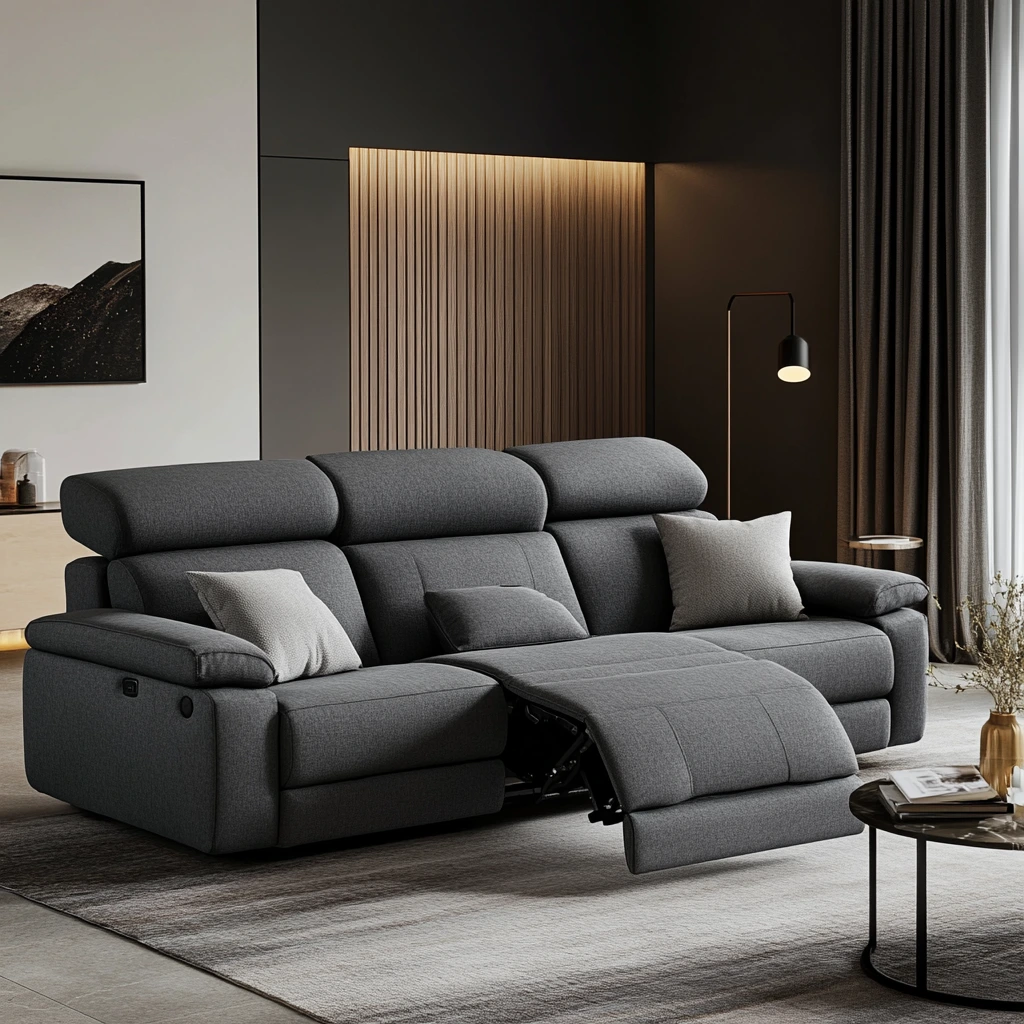 Gray fabric reclining sofa with plush cushions and cup holders in a cozy family room