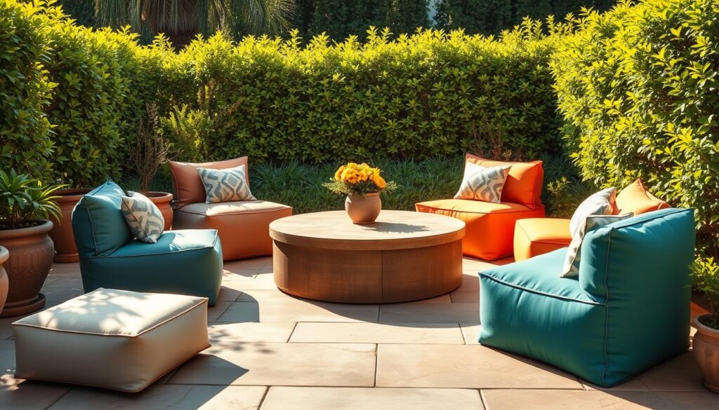 Outdoor poufs and ottomans made with Sunbrella fabric